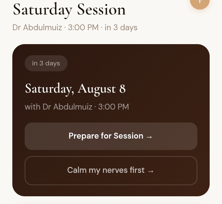 Symplia therapy session prep screen with guided prompts before an appointment